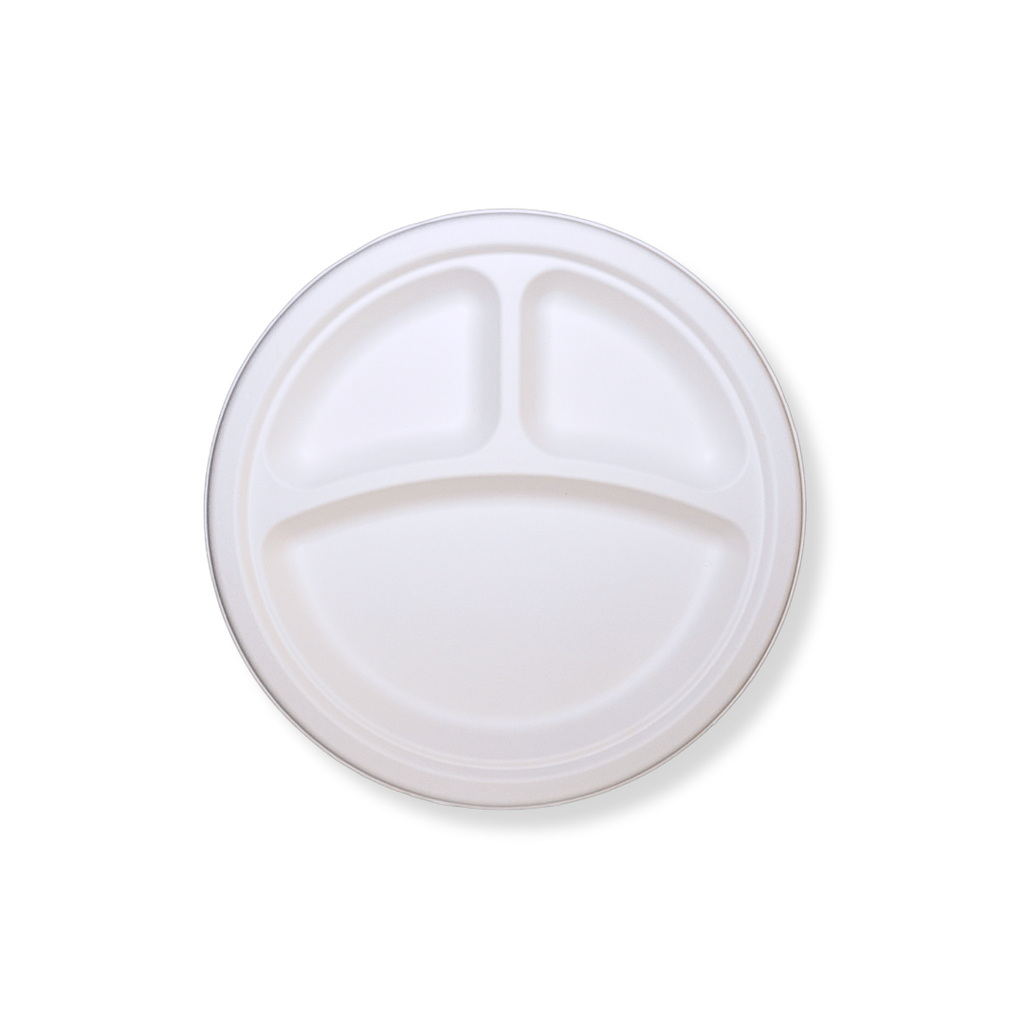9-Inch White Plant Fiber Round Plate, 3-Compartment — 500/Case   
