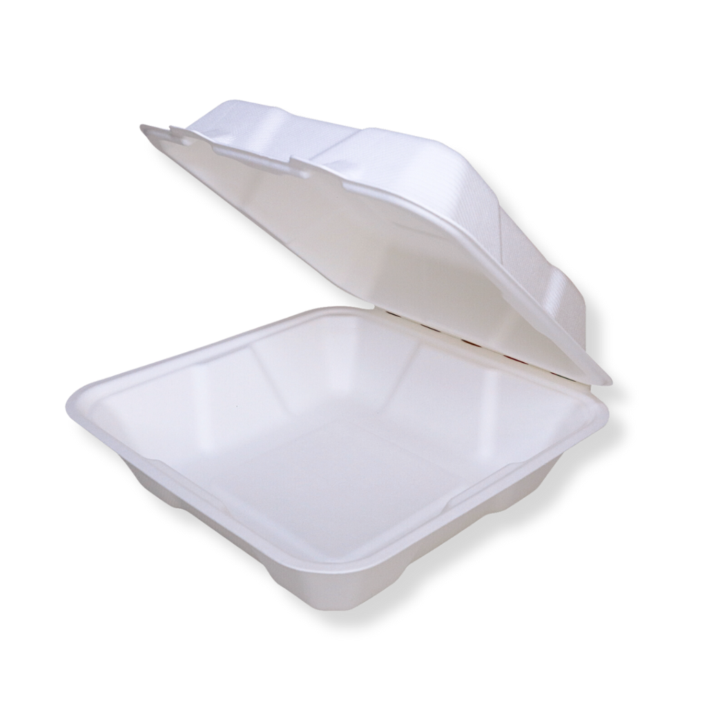 8" × 8" White Plant Fiber Square Hinged Clamshell Container, 1-Compartment — 200/Case