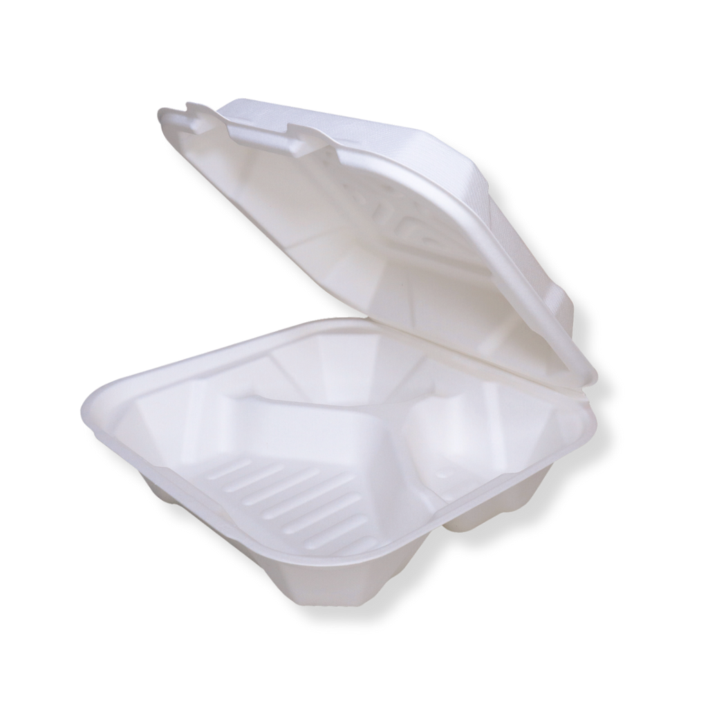 8" × 8" White Plant Fiber Square Hinged Clamshell Container, 3-Compartment — 200/Case