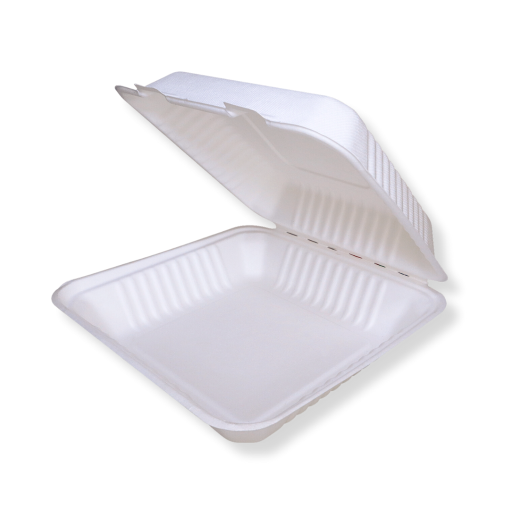 9" × 9" White Plant Fiber Square Hinged Clamshell Container, 1-Compartment — 200/Case
