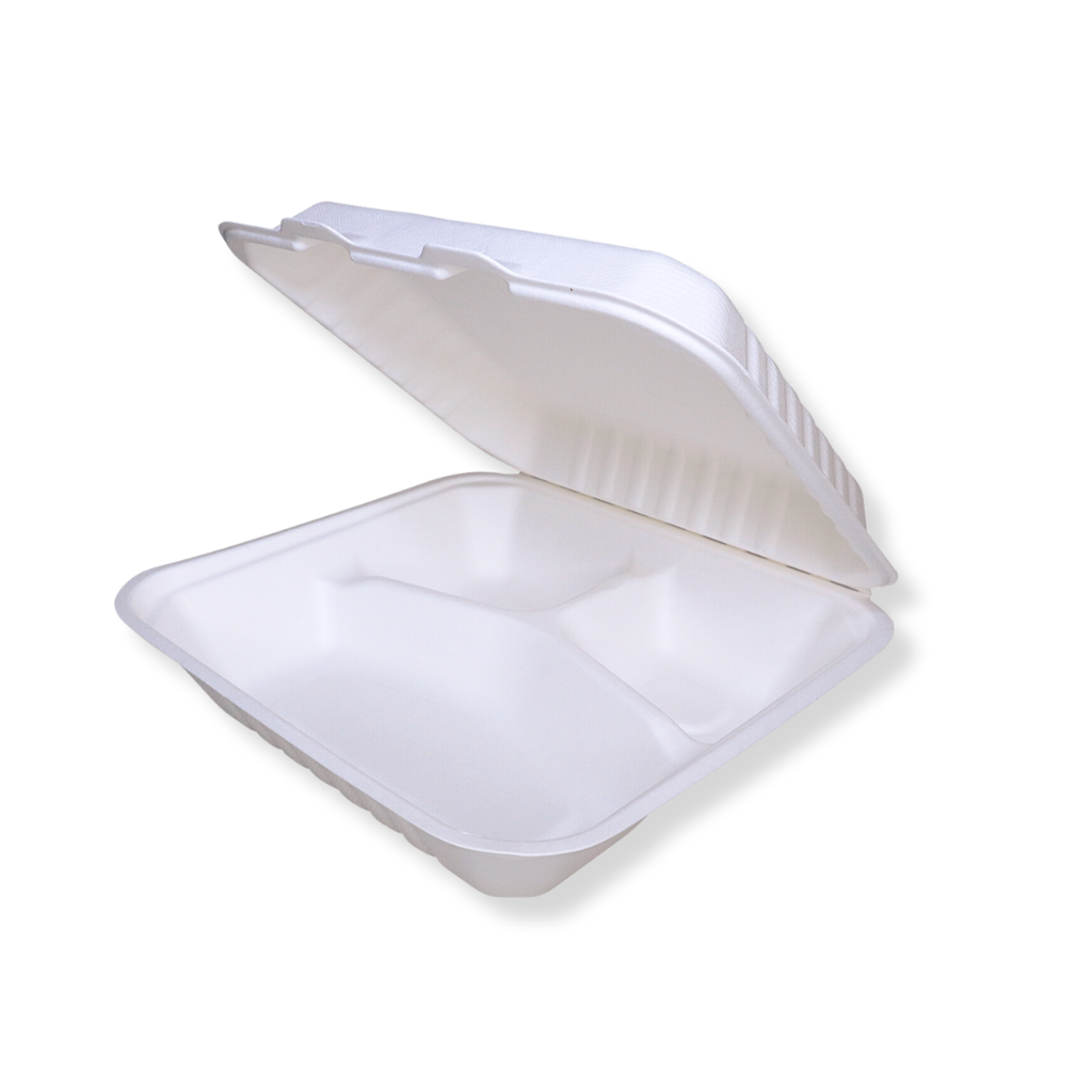 9" × 9" White Plant Fiber Square Hinged Clamshell Container, 3-Compartment — 200/Case
