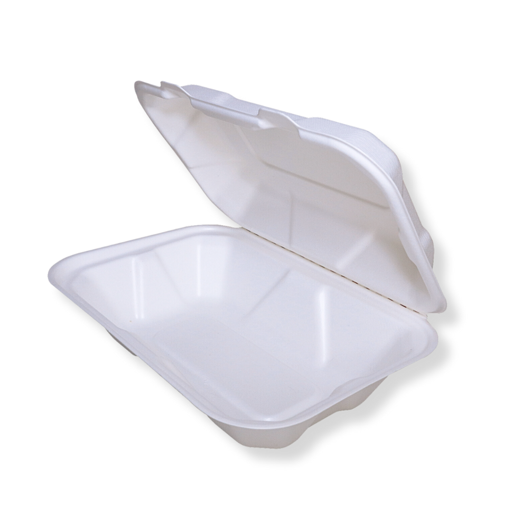 9" × 6" White Plant Fiber Rectangular Hinged Clamshell Container, 1-Compartment — 250/Case