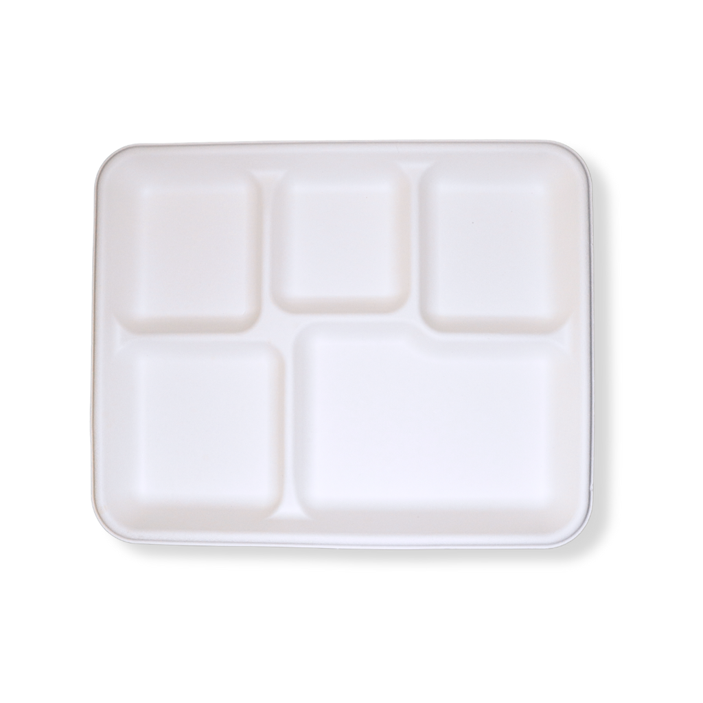 10" × 8" White Plant Fiber Rectangular Tray, 5-Compartment — 500/Case